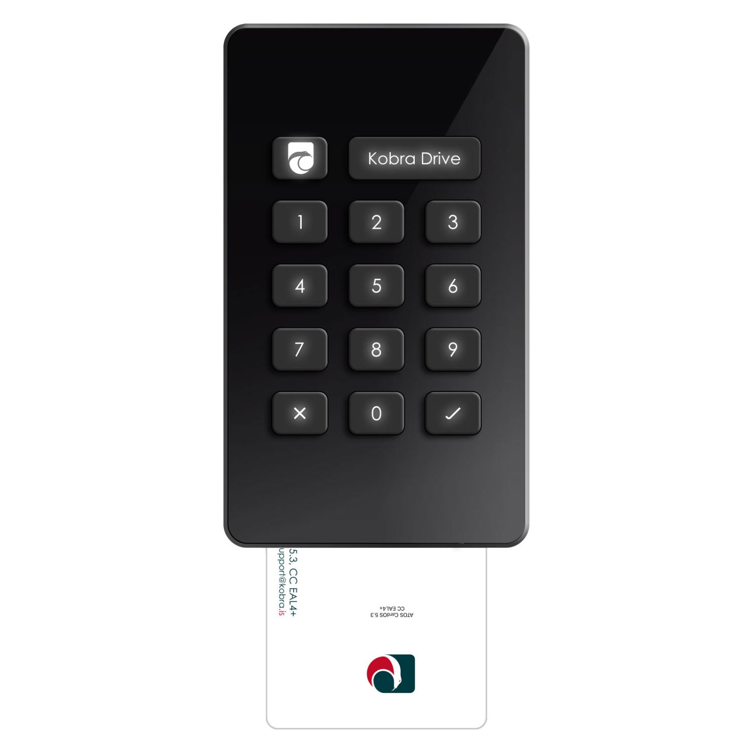 Kobra Drive VS Frontansicht mit eingesteckter Smartcard und leuchtender Tastatur